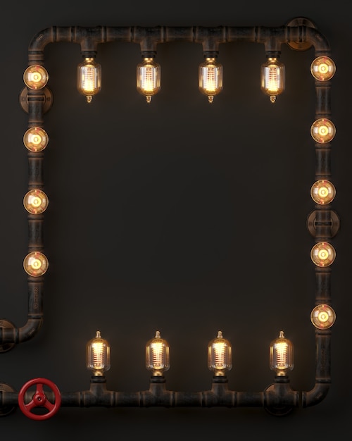 3D rendering. Background dark wall loft steampunk lamp from pipes.