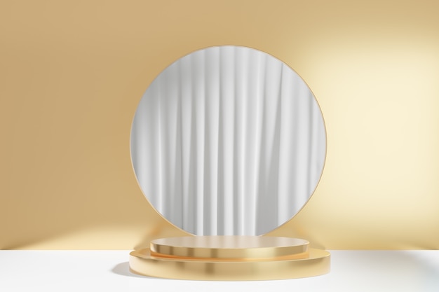 3D rendering background. Gold cylinder stage podium with round circle gold wall on white curtain background. Image for presentation.