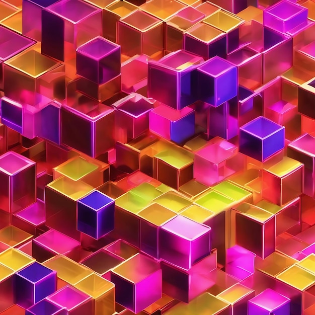 Photo 3d rendering background of isometric neon cubes located at different levels computer generated abstr