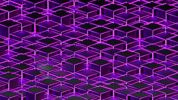 3d rendering background of isometric neon cubes located at different levels Computer generated abstract design