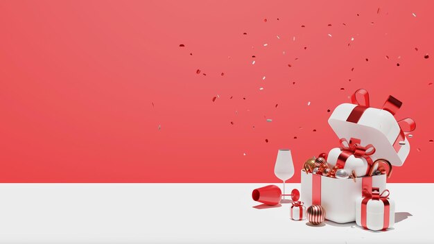 사진 3d 렌더링 배경 메리 새해와 메리 크리스마스 2023년 빨간색 리본과 사탕, 장식 공이 있는 흰색 선물 상자와 휴일 프로모션을 위한 골드 스타 연단 제품 디스플레이
