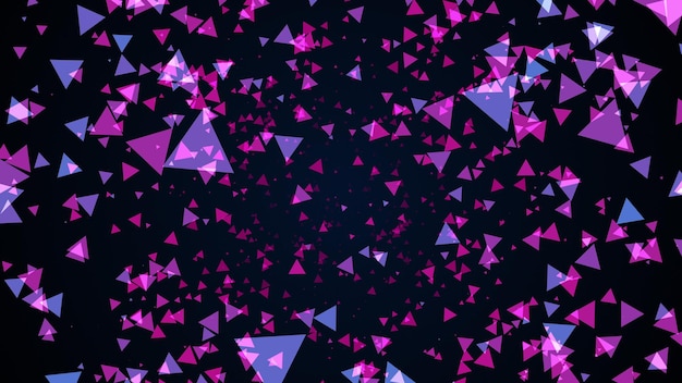 검정 컴퓨터에 있는 수많은 삼각형 입자의 3D 렌더링 배경 생성 추상 공간