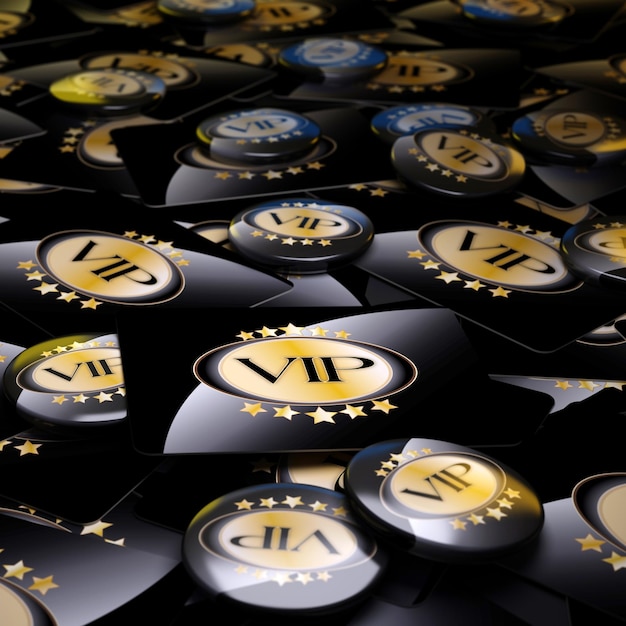 Photo 3d rendering of a background with badges and banners with the word vip