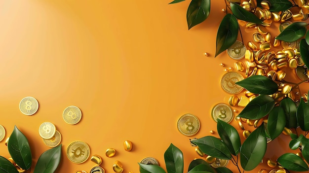 Photo 3d rendering of a background with scattered gold coins and green leaves