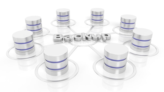 Foto rendering 3d del testo di backup circondato da dispositivi di database isolati su sfondo bianco