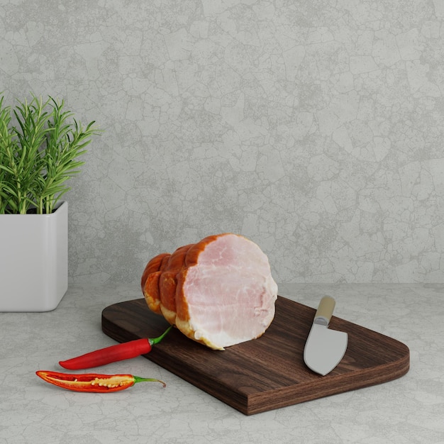 Photo 3d rendering bacon chili knife on wooden cutting board in concre