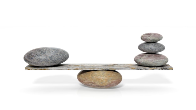 3D rendering of balancing stones on wooden plank isolated on white background