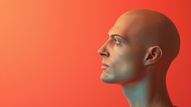 3D rendering of a bald mans head on a red background The man is looking to the right of the frame