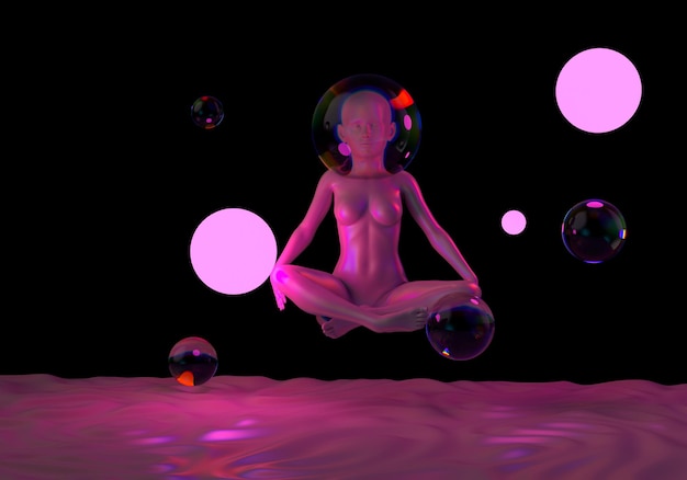 3d rendering of a bald woman statue practicing yoga and sitting\
in lotus pose and spheres