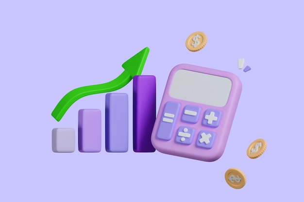 3d rendering bar chart on the calculator screen with money coins and increasing arrow business data analysis report planning concept 3d render illustration