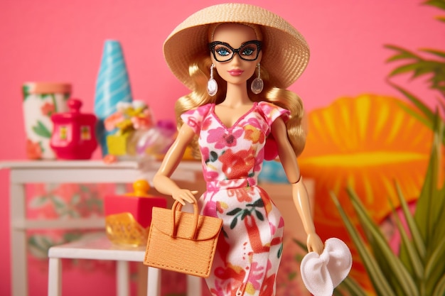 Photo 3d rendering of a barbie doll with a pink dress and sunglasses