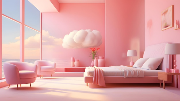 3D rendering of a barbie pink modern bedroom in the attic with a large window