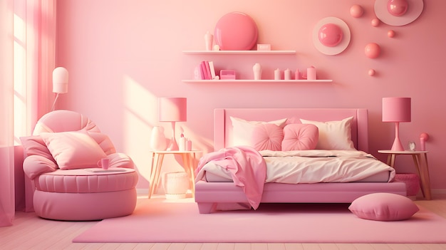 3D rendering of a barbie pink modern bedroom in the attic with a large window
