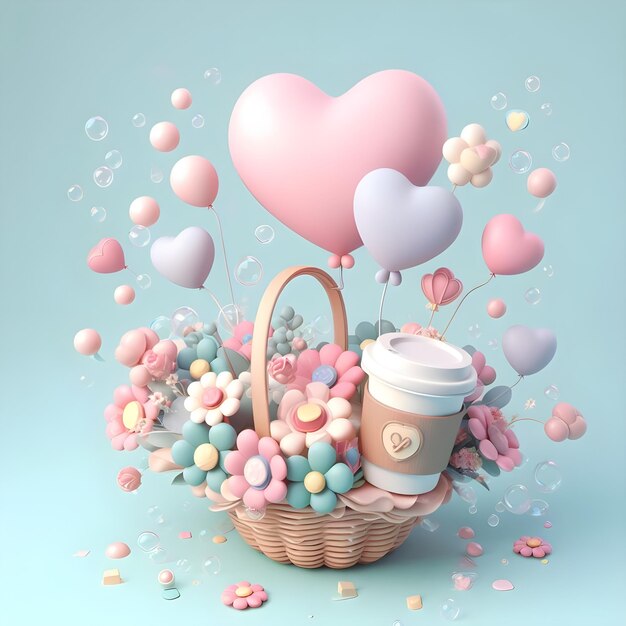 3d rendering of a basket full of balloons and a cup of coffee