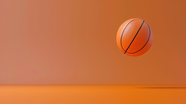 3D rendering of a basketball floating in midair against a solid orange background The basketball has a classic design with orange and black panels