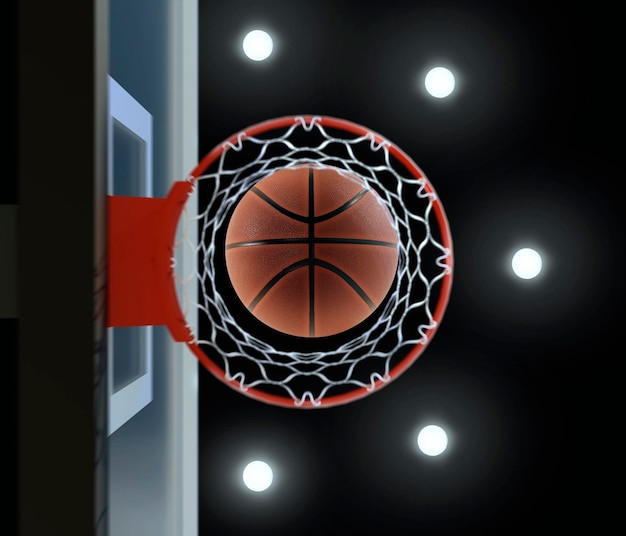 Rendering 3d di basket sul canestro e illuminazione dallo stadio del baldacchino