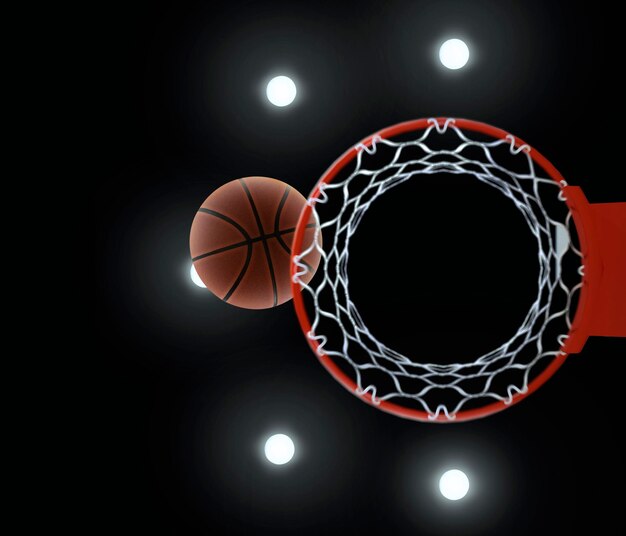 3D rendering of basketball on the hoop and lighting from the canopy stadium