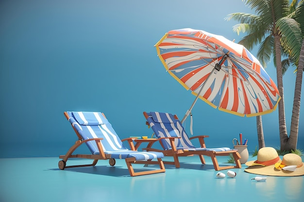 3d rendering of beach chairs and umbrella on blue background summer concept