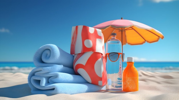 A 3D rendering of beach essentials like a beach towel sunscreen