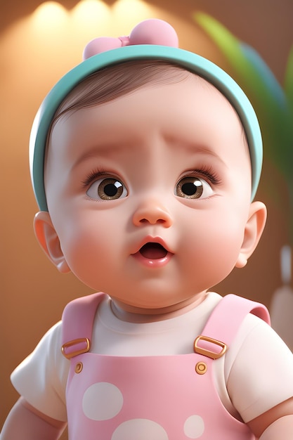 Photo 3d rendering of a beautiful baby girl in a pink dressjpg