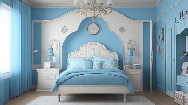 3d rendering beautiful blue vintage kid bedroom