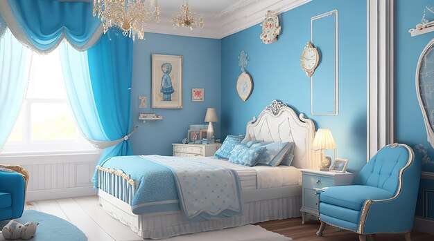 3D рендеринг красивая голубая винтажная спальня малыша