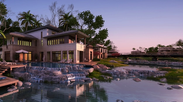 Photo 3d rendering beautiful contemporary house near resort and river at sunset