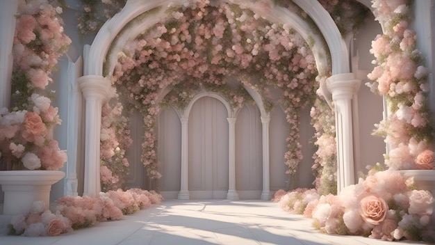 3D rendering of a beautiful fantasy wedding arch with flowers and archway