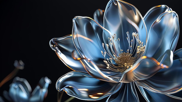 3D rendering of a beautiful flower made of glass The petals are transparent and have a blue tint