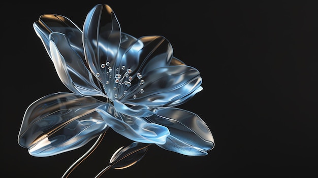 3D rendering of a beautiful flower made of glass The petals are transparent and have a blue tint