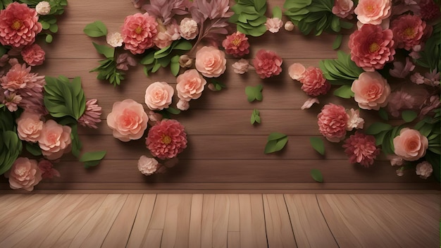 3D rendering of beautiful flowers on wooden wall background 3D illustration