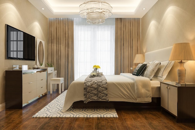 Rendering 3d bellissima suite da letto di lusso in hotel con tv e lampadario