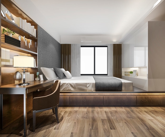 3d rendering beautiful luxury bedroom suite in hotel with tv and working table