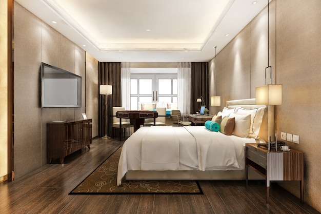 3d rendering beautiful luxury bedroom suite in hotel with tv and working table