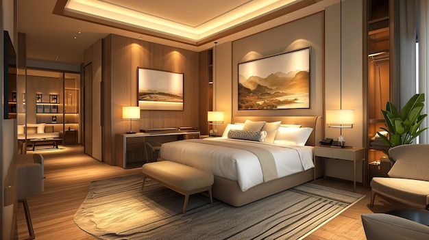 3D-рендеринг красивой роскошной спальни в отеле с телевизором и рабочим столом
