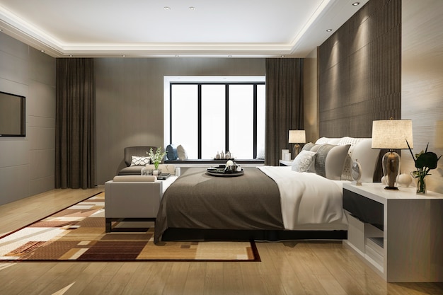 3d rendering beautiful luxury bedroom suite in hotel with tv