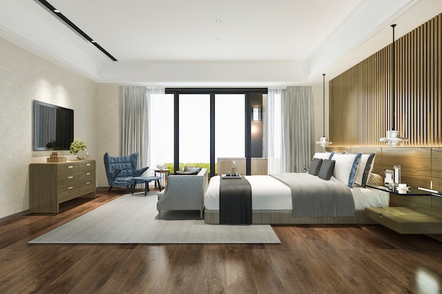 3d rendering beautiful luxury bedroom suite in hotel with tv