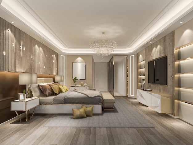 3d rendering beautiful luxury bedroom suite in hotel with tv