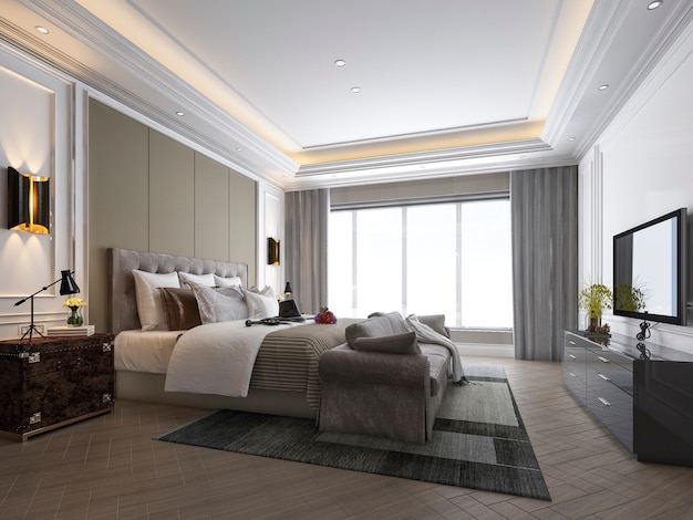 3d rendering of beautiful luxury bedroom suite in hotel with tv