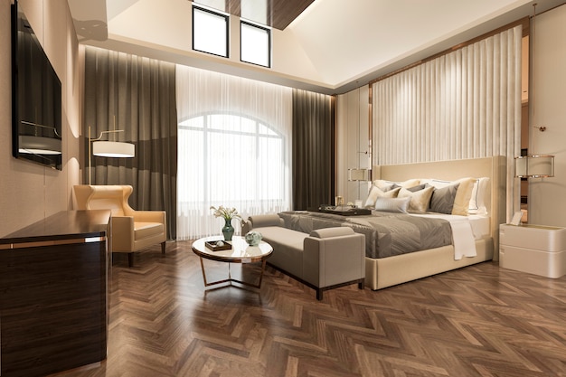 3d rendering beautiful luxury bedroom suite in hotel with tv