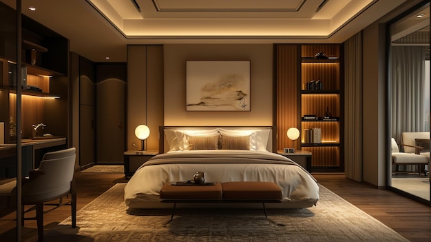 Фото 3d-рендеринг красивой роскошной спальни в отеле с телевизором и рабочим столом