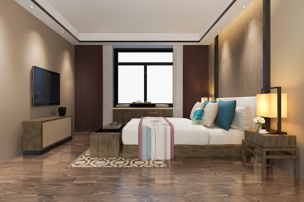 3d rendering beautiful luxury colorful vintage bedroom suite in hotel with tv