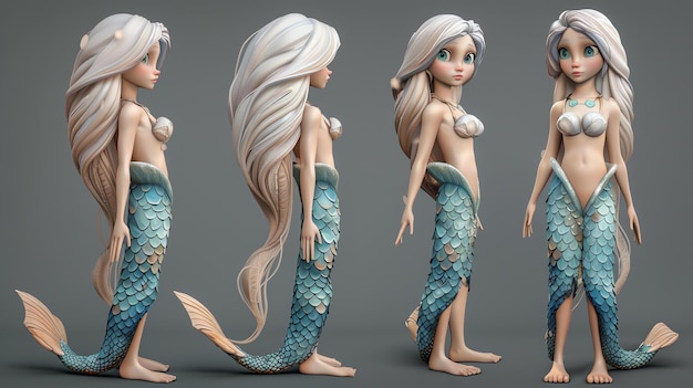 3D-рендеринг красивой русалки с длинными белыми волосами и синим рыбьим хвостом Она стоит на скале в океане и смотрит на море