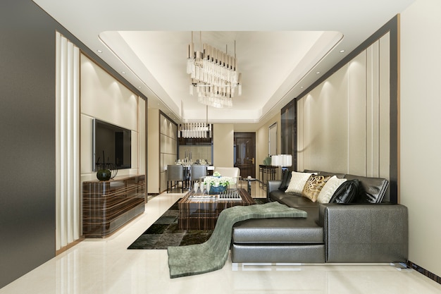 3d rendering beautiful modern dining room and living room with luxury decor