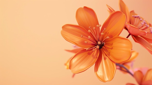 3D rendering of a beautiful orange flower with a soft peach background The flower is in focus with its petals open and its pistil clearly visible