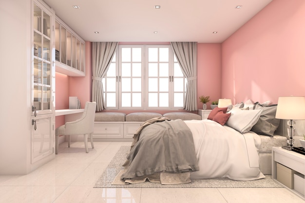 3 dレンダリング美しいピンクのビンテージ子供寝室