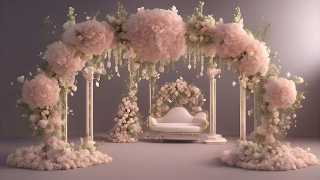 Photo 3d rendering of a beautiful wedding arch decorated with pink flowers