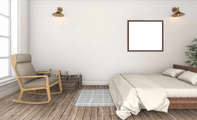 3d 렌더링 아름 다운 흰색 벽돌 벽 빈티지 침실