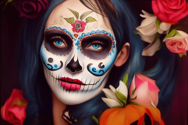 3d rendering of a beautiful woman with a day of the dead makeup for halloween