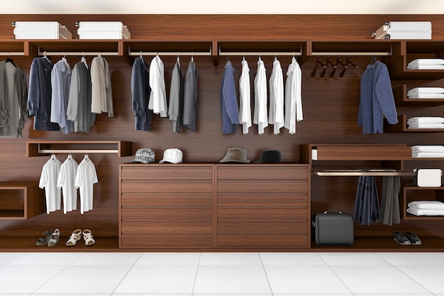 3d rendering beautiful wood horizontal wardrobe and walk in closet